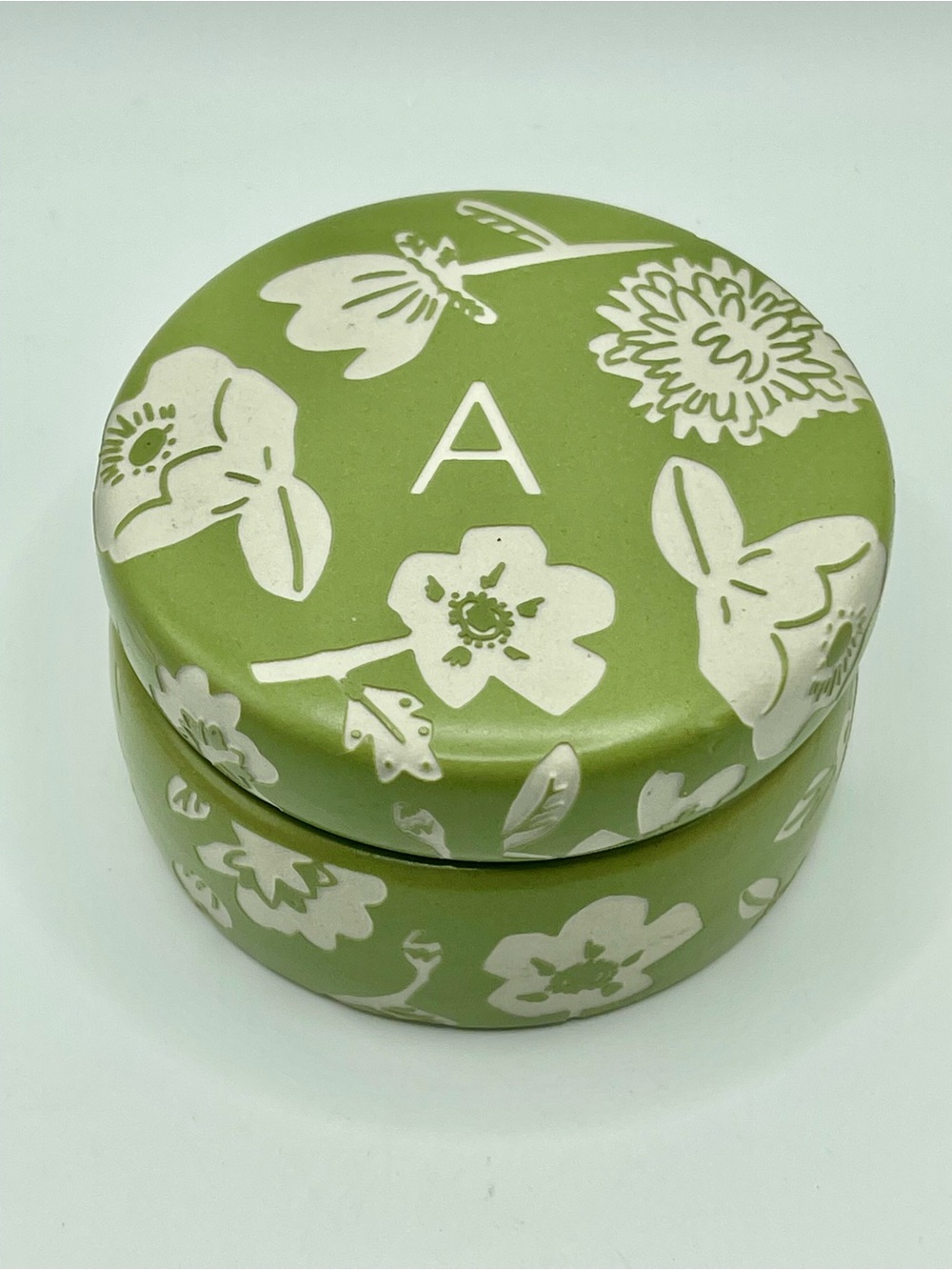 Anthropologie Masey Green Floral Monogram Trinket Box with 'A'